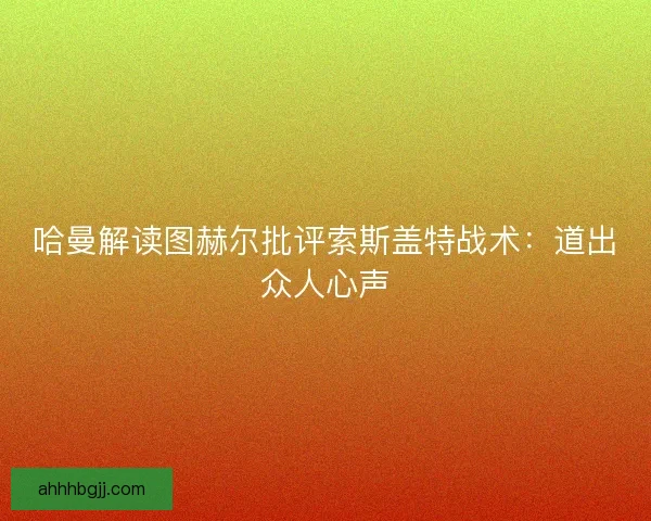哈曼解读图赫尔批评索斯盖特战术：道出众人心声